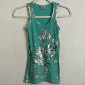 Mint cherry blossom & hummingbird ribbed tank top by Ladies K Apparel size small